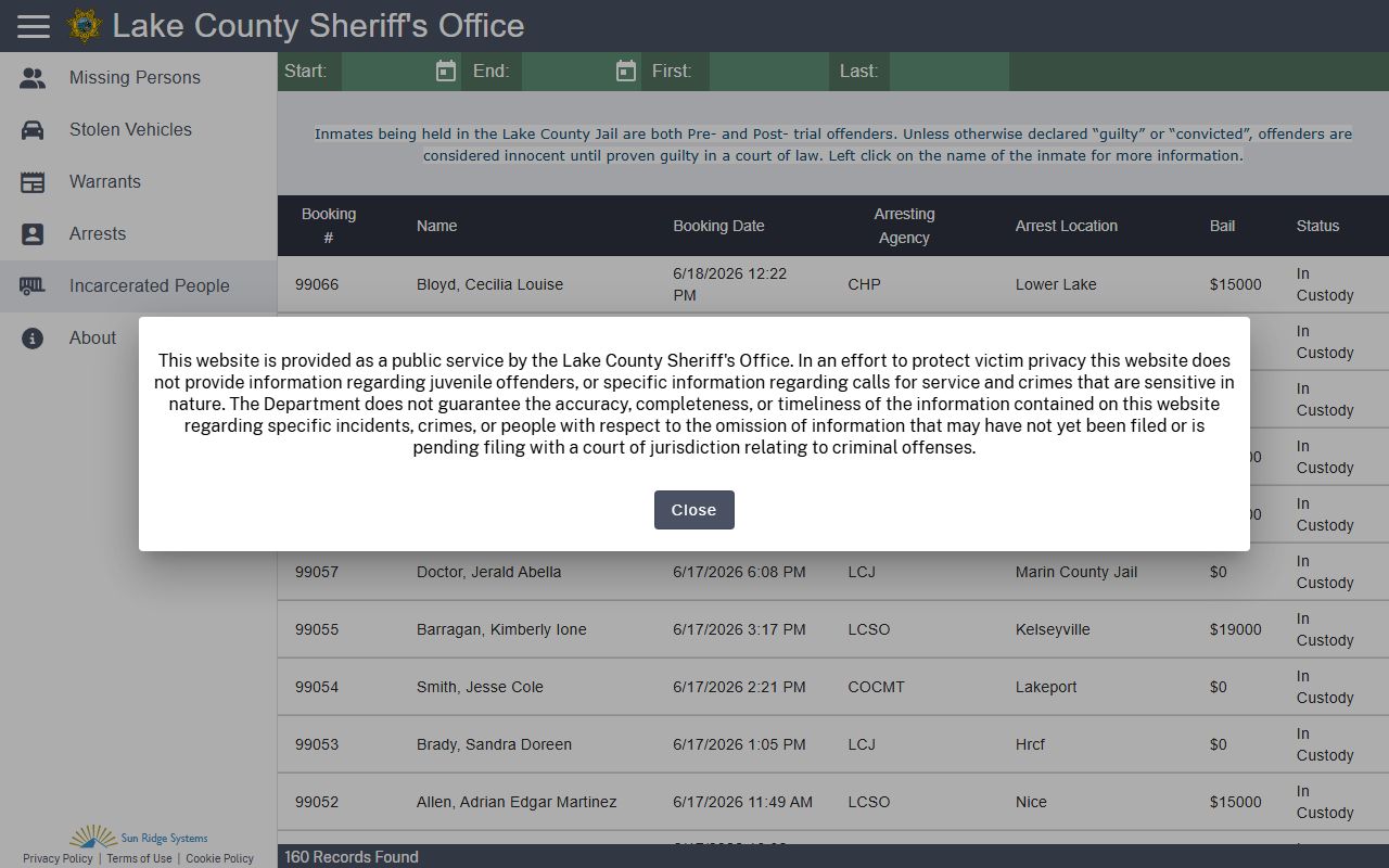 Lake County inmate population Citizen RIMS roster search