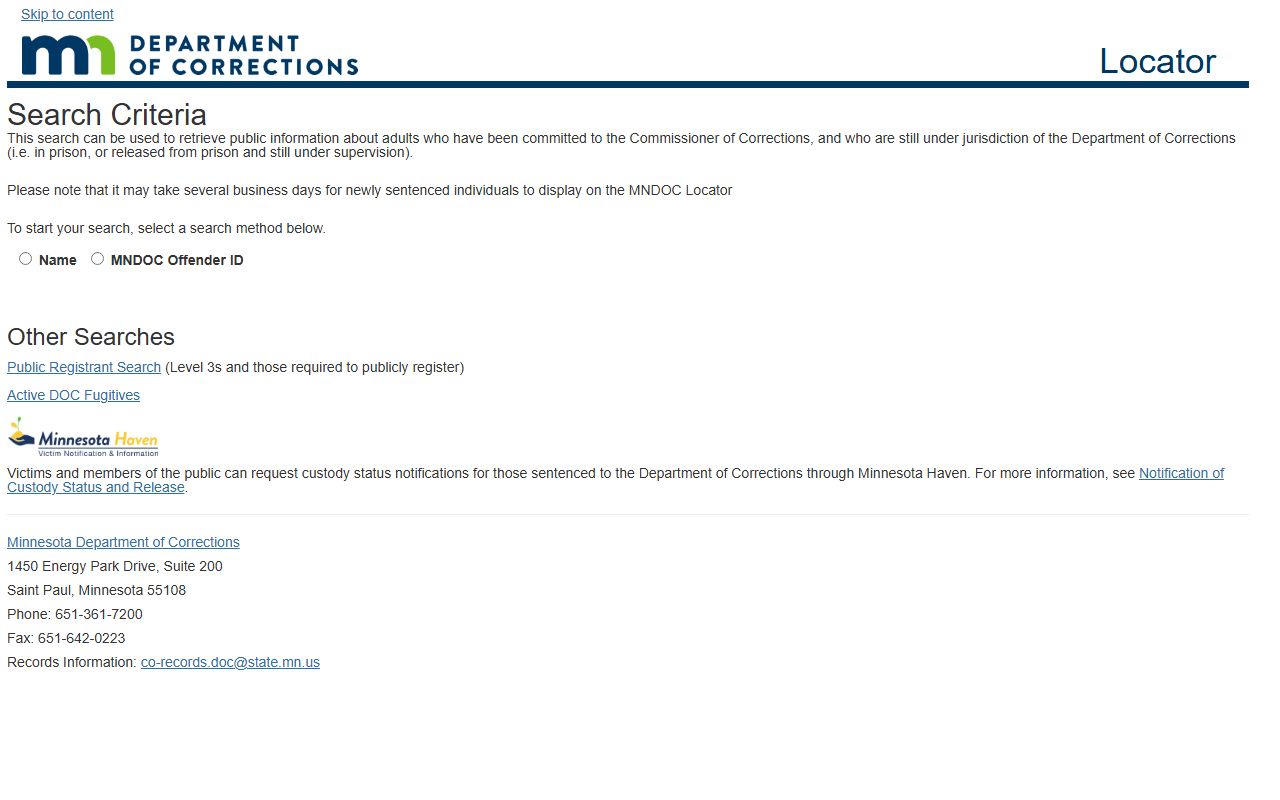 Minnesota Department of Corrections public locator search page