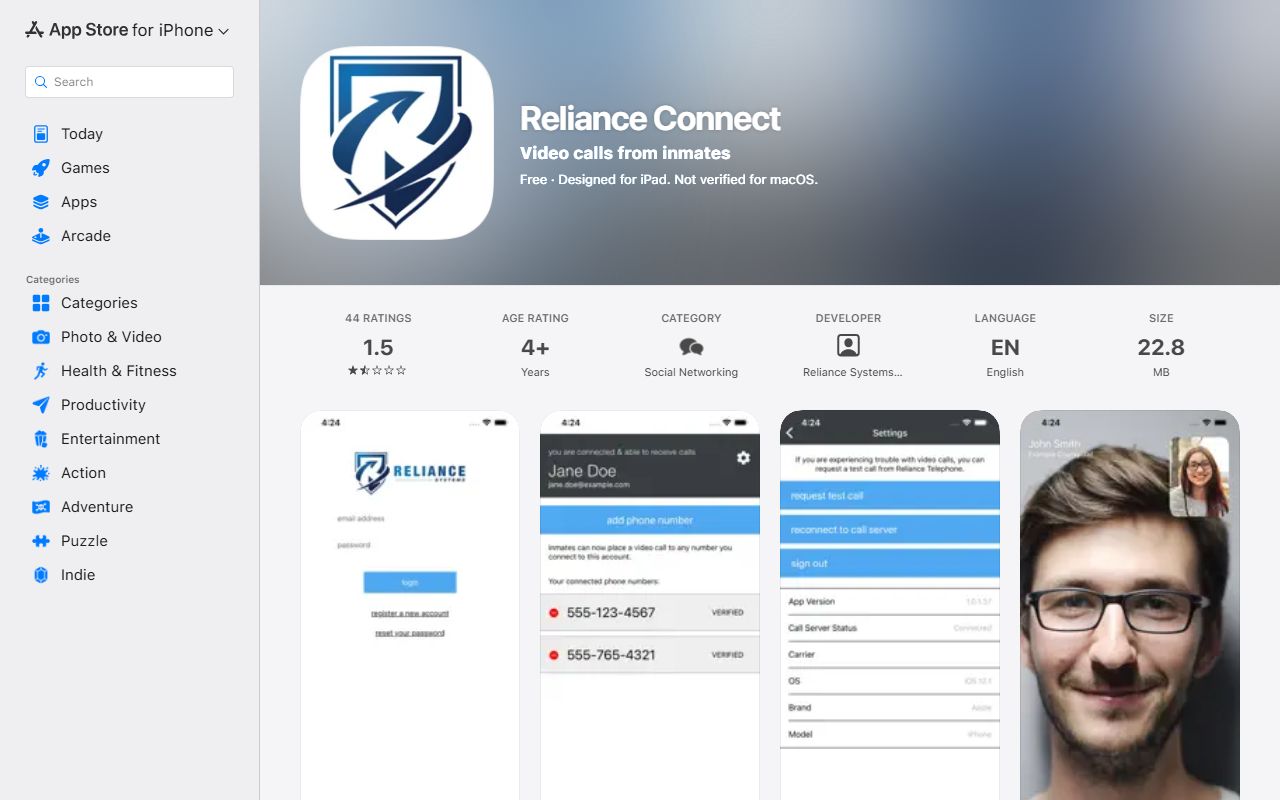 Reliance Connect iOS app page for inmate video calls